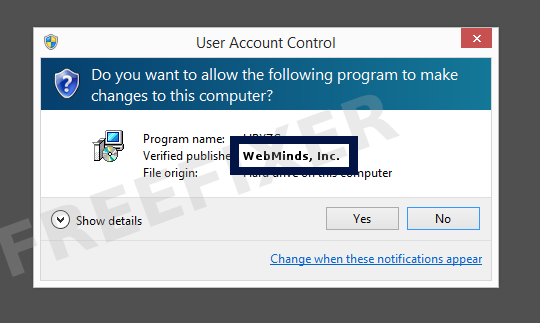 Screenshot where WebMinds, Inc. appears as the verified publisher in the UAC dialog